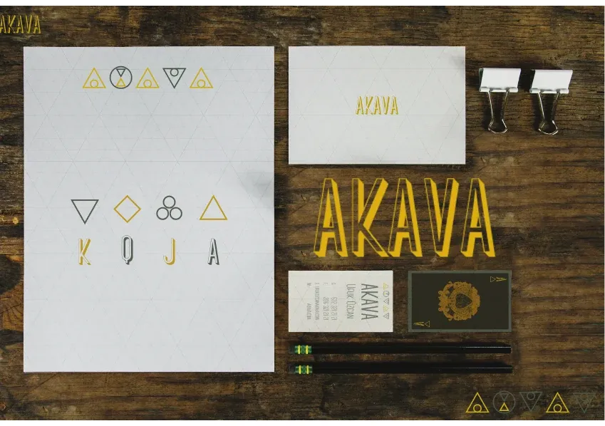 Akava café wordmark, geometric symbols, cards and stationery in gold and grey
