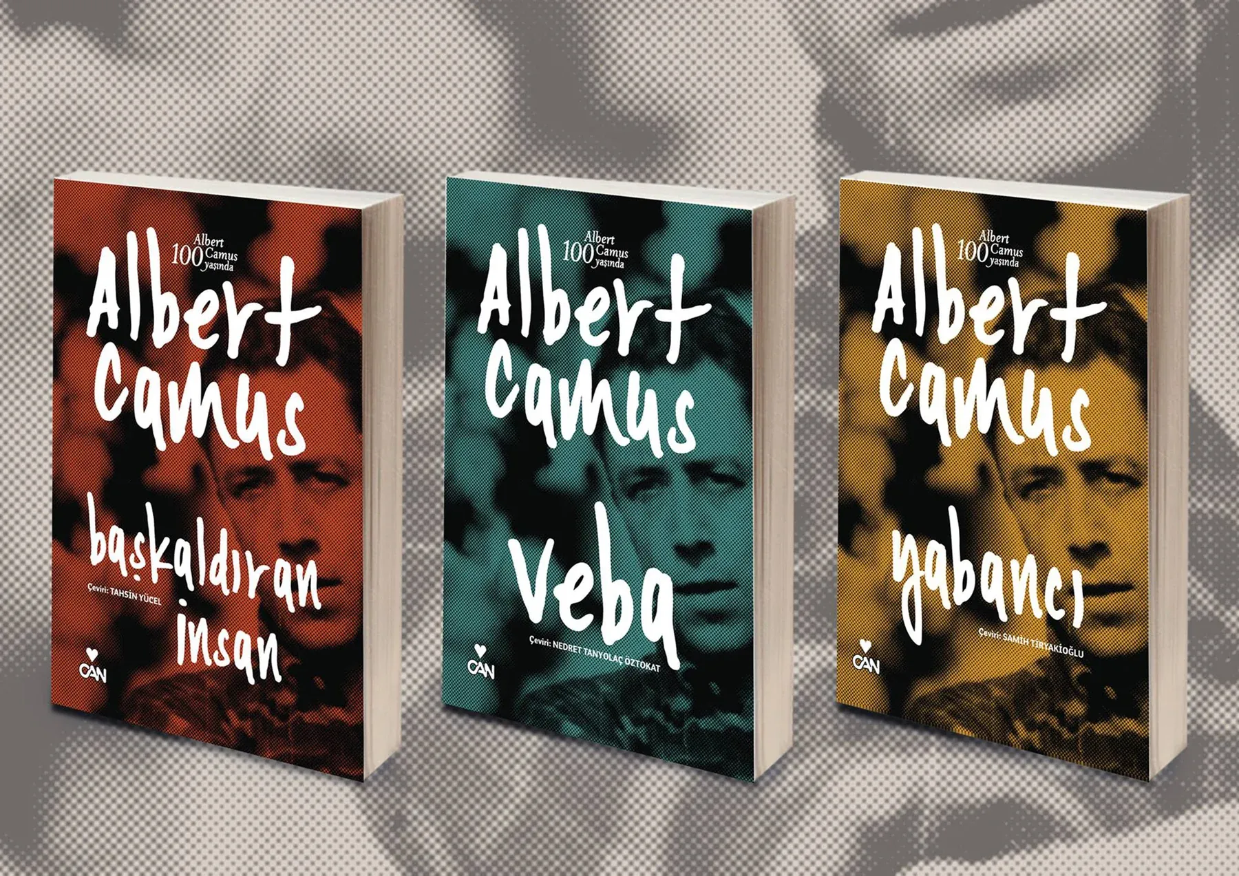 Başkaldıran İnsan, Veba and Yabancı covers with white lettering over portraits in red, turquoise and ochre