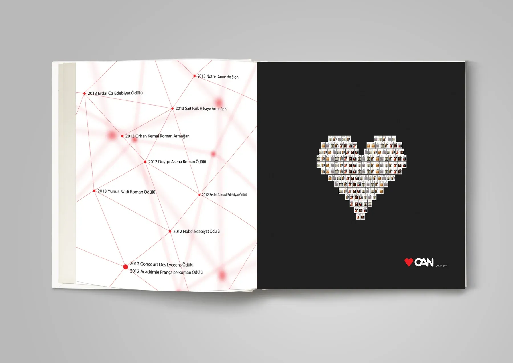 An open catalogue with literary awards on one page and a heart made from miniature book covers on the other