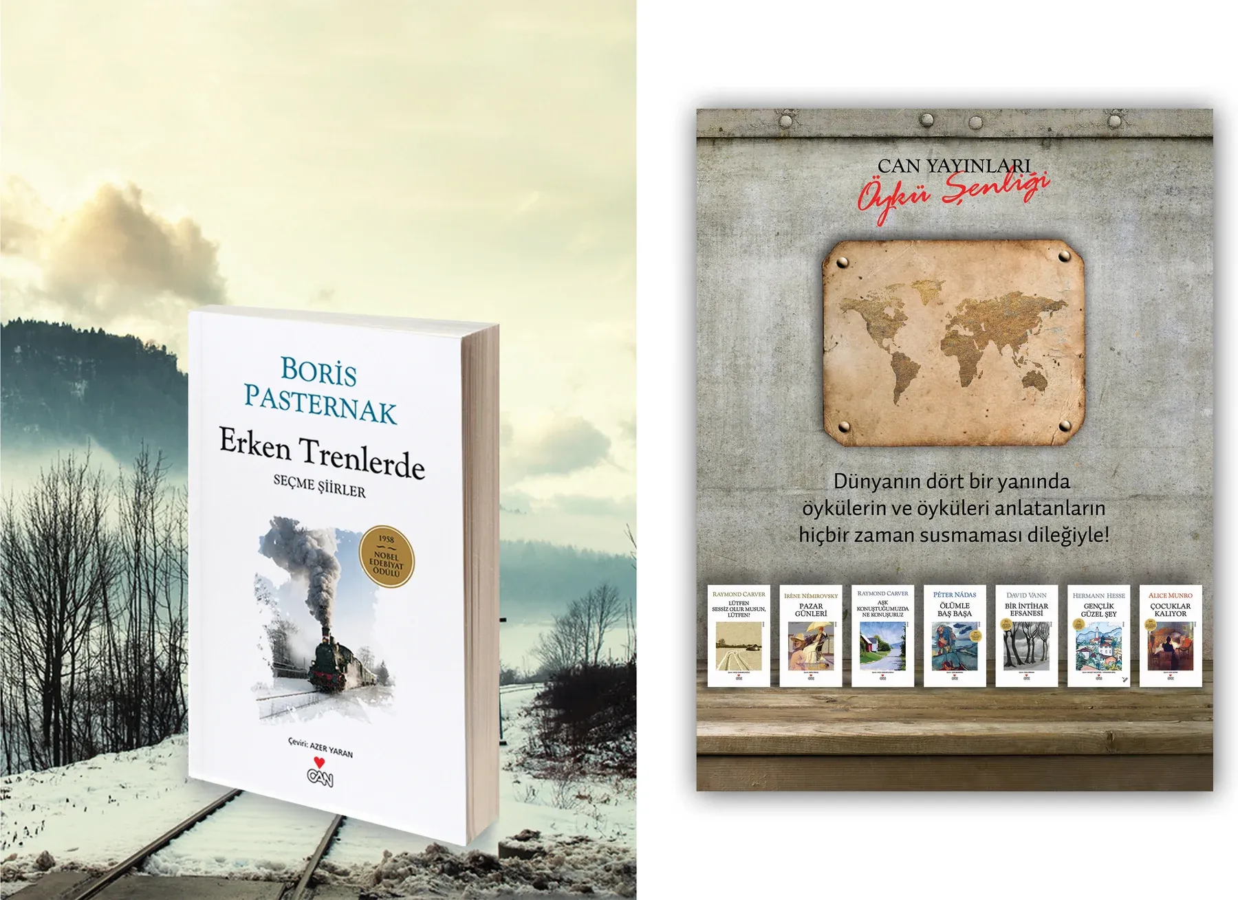 Erken Trenlerde beside a separate Can Yayınları short story celebration advertisement