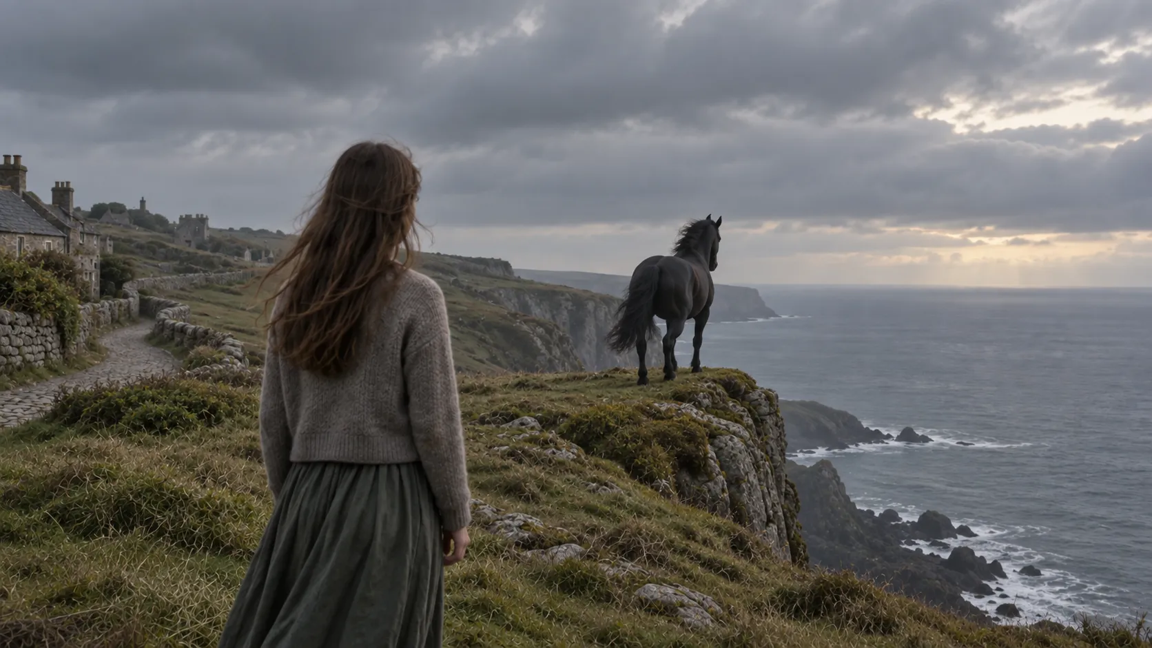 Concept image of Agafia watching her black horse at the edge of a coastal cliff near a stone village