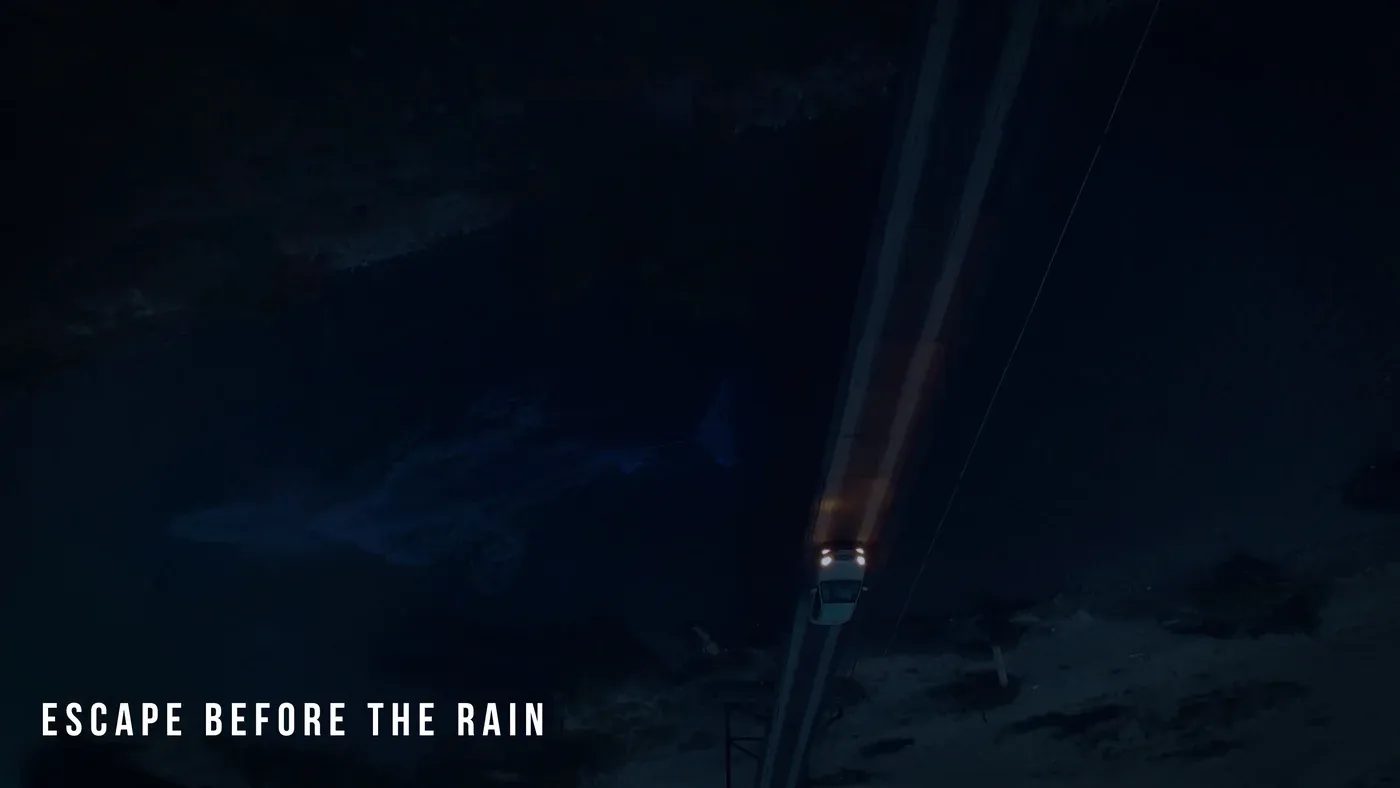 Aerial night scene of a car on a rural road, with a blue whale in the dark field beside it