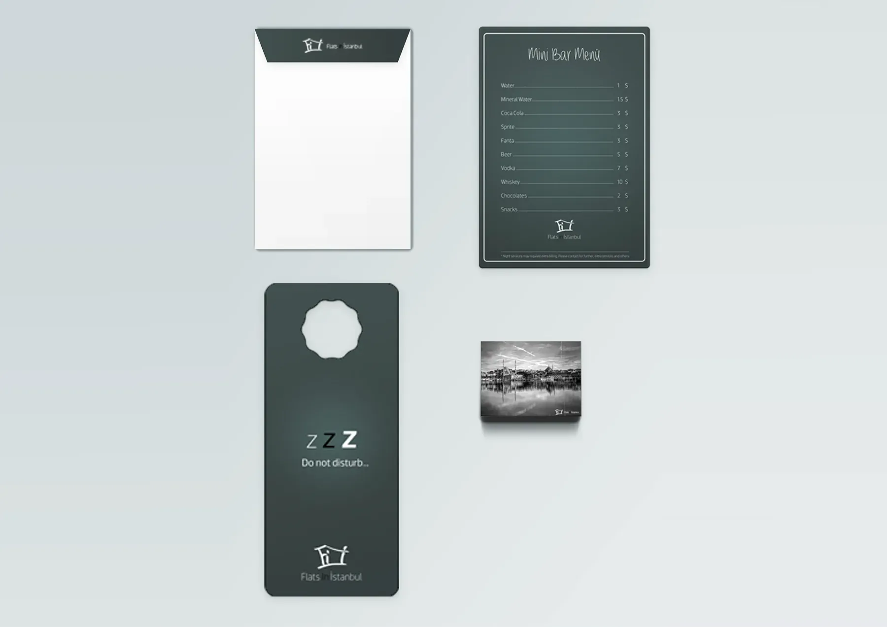 House-shaped initials for Flats in İstanbul on stationery, a minibar menu and a door hanger