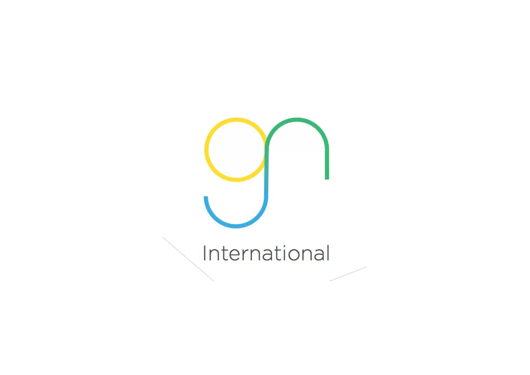 Connected lowercase g and n in yellow, green and blue above the word International