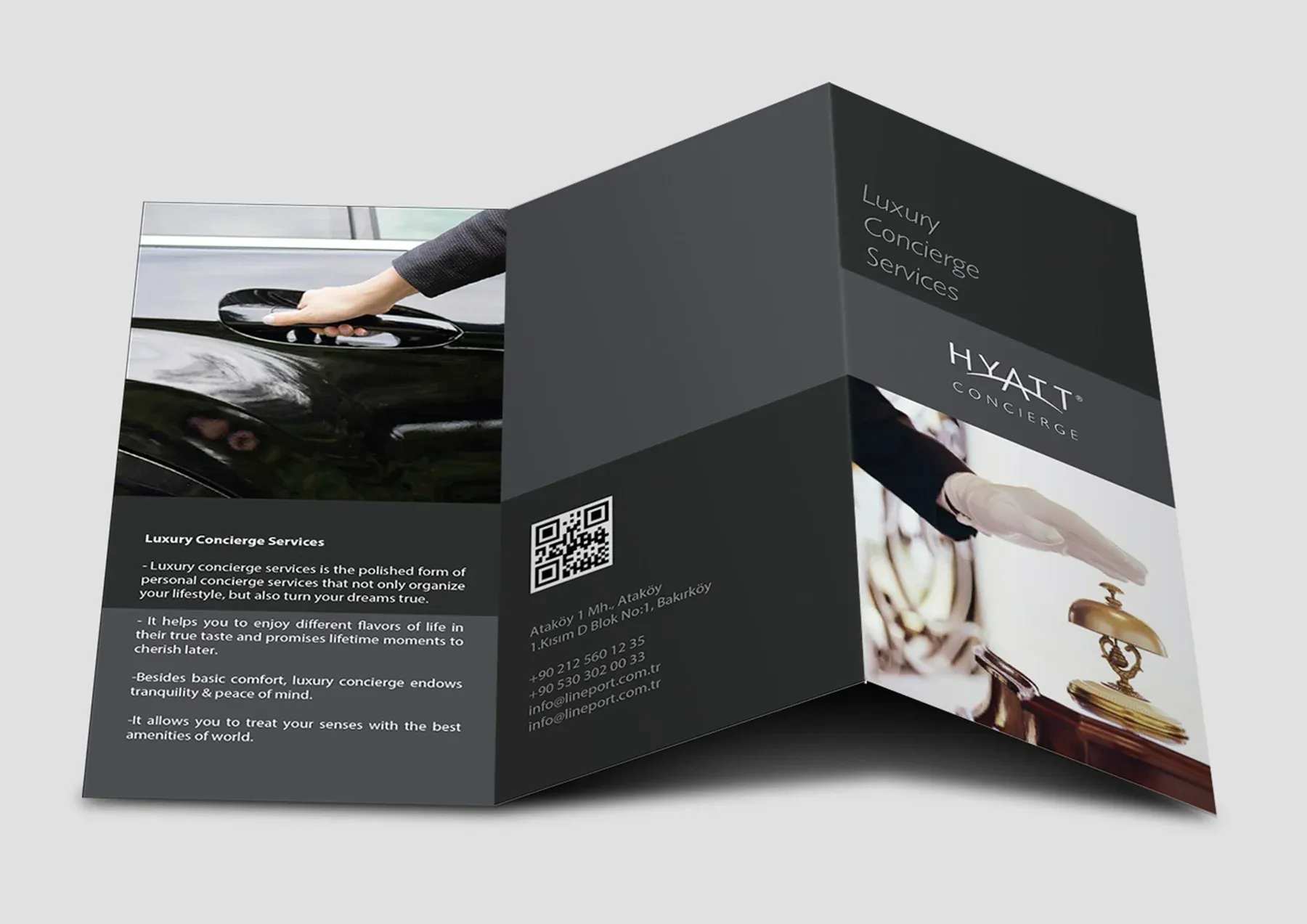 A folded dark brochure with travel and hospitality photographs and Hyatt Concierge lettering