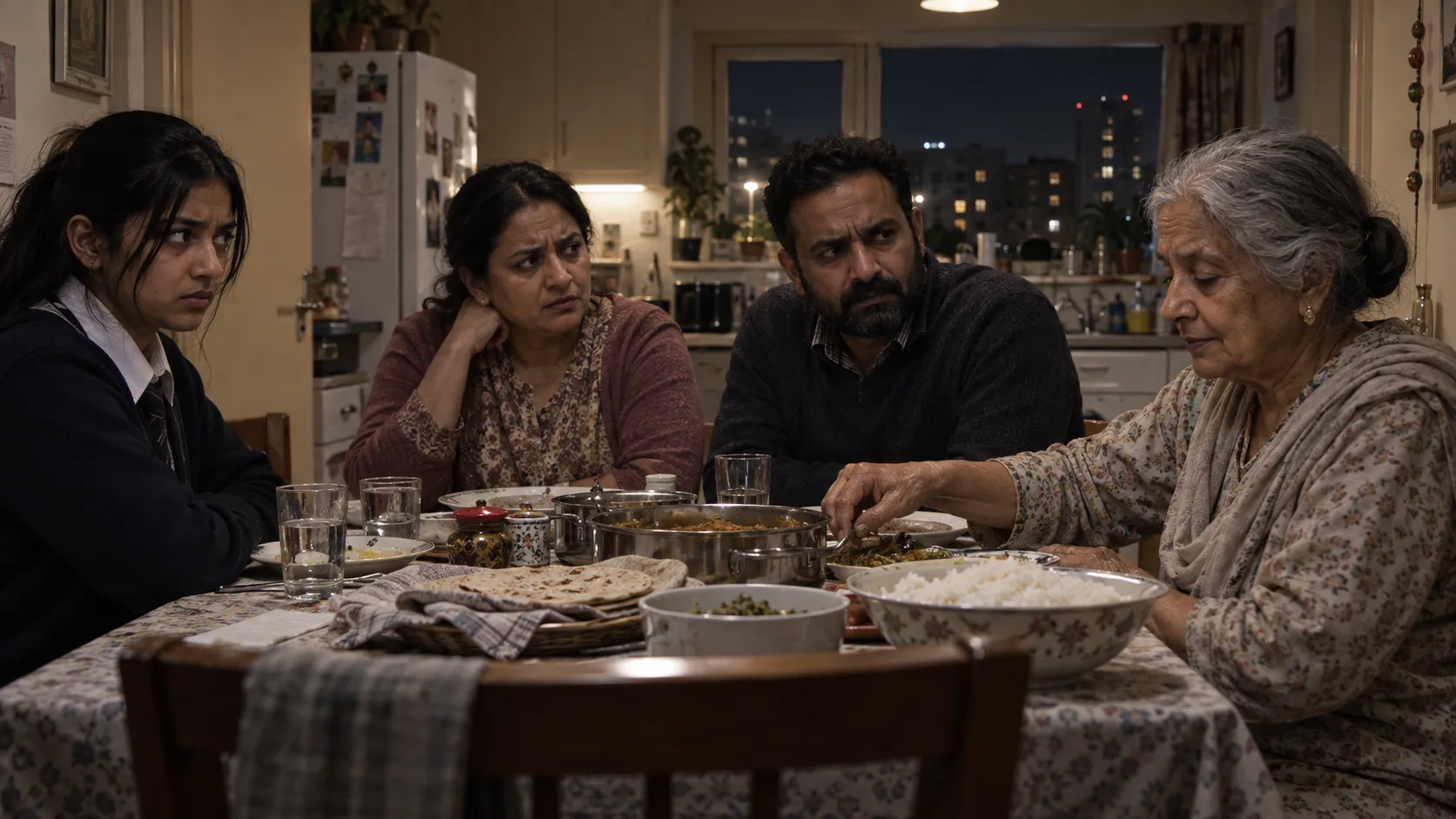 Concept image of a Birmingham family exchanging worried looks during dinner in their flat
