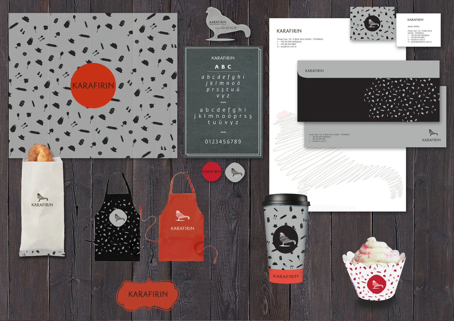 Karafırın’s grouse logo and baking-tool pattern on aprons, takeaway packaging and stationery