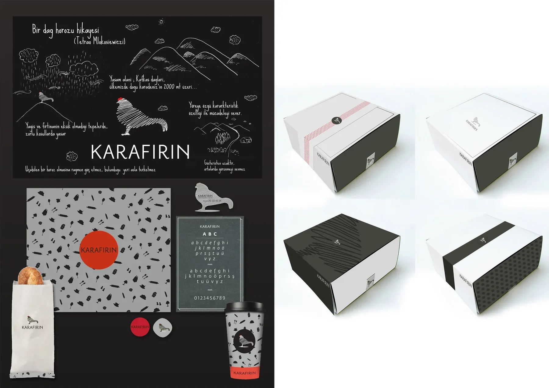 Karafırın’s illustrated grouse story beside bread bags, boxes, stickers and takeaway packaging