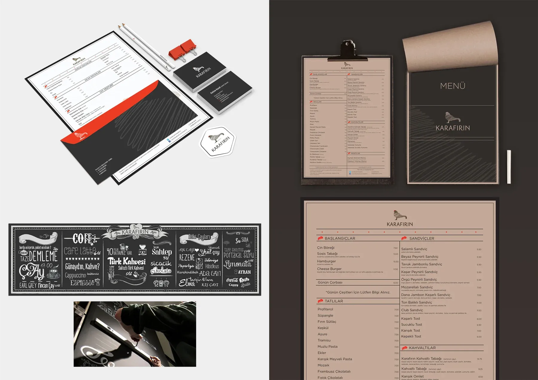 Karafırın chalkboard lettering, stationery and clipboard menus in black, white and red