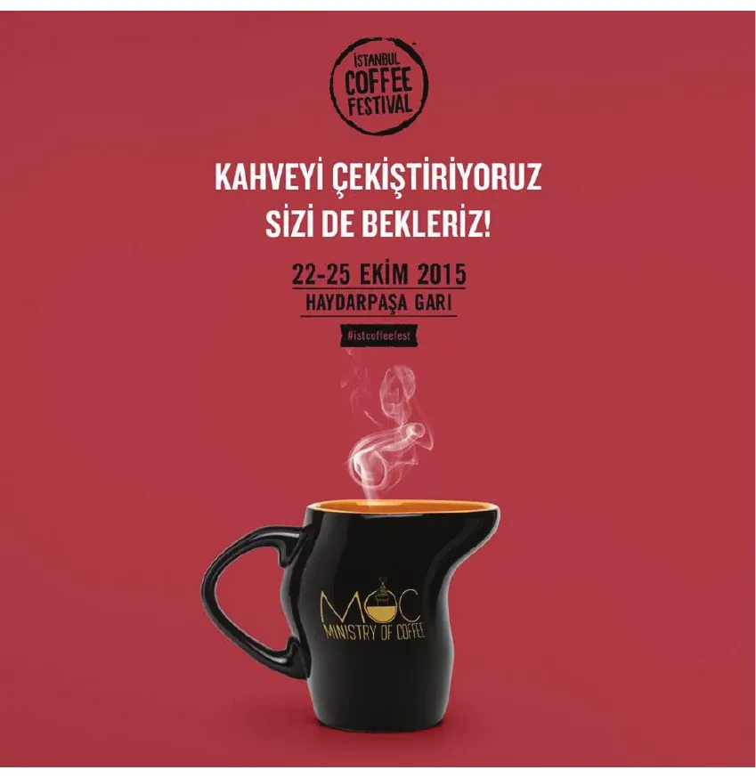 A distorted black coffee cup with rising steam on a red Istanbul Coffee Festival poster
