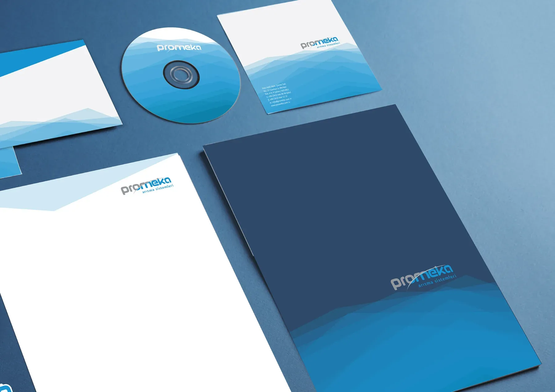 Promeka logo and layered blue waves on stationery, a CD and a presentation folder