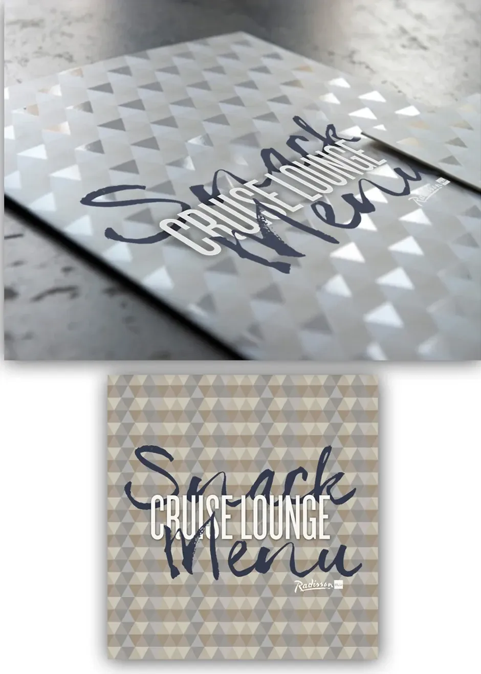 Cruise Lounge snack menu cover with navy brush-script lettering over grey and beige triangles