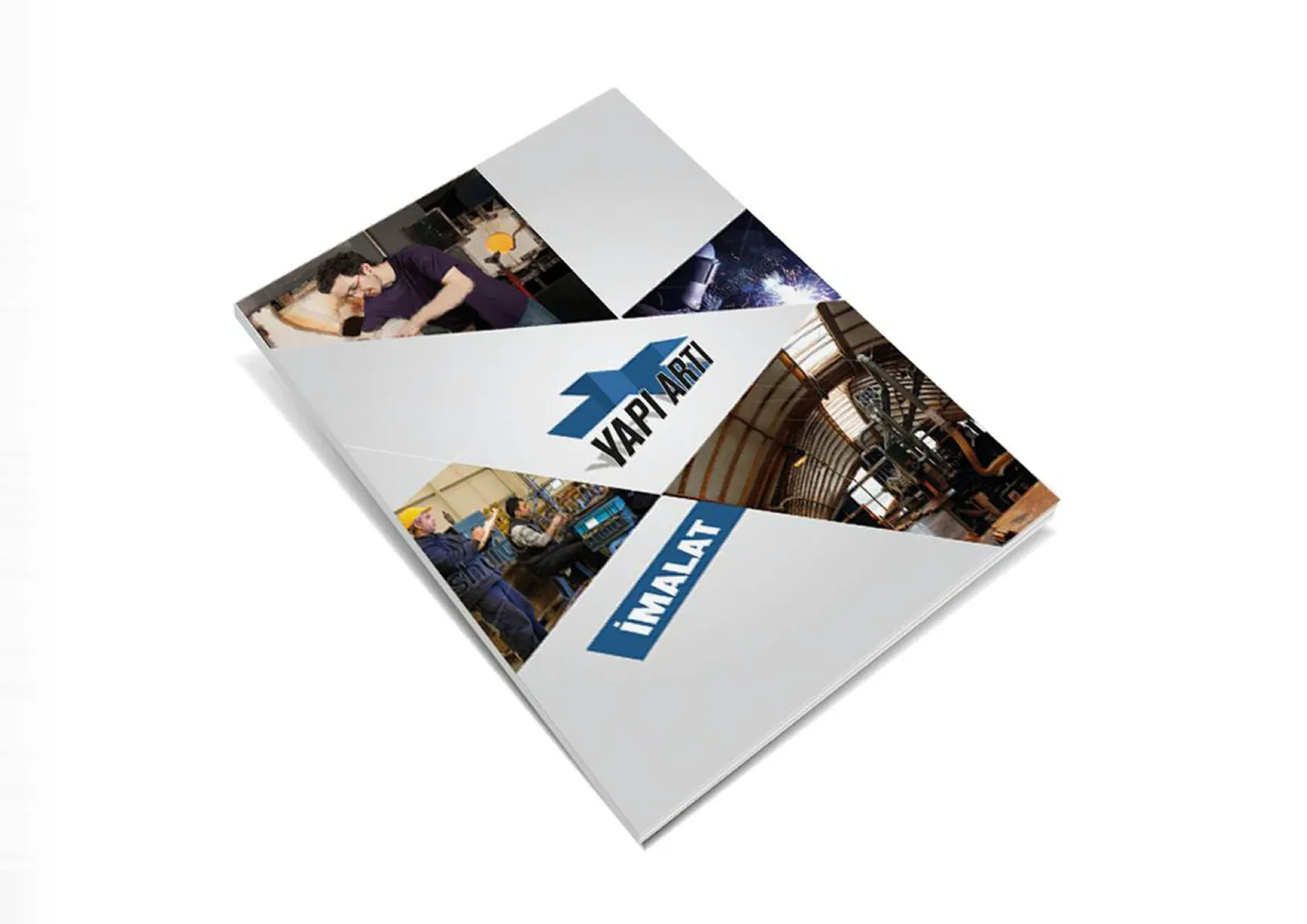 Yapı Artı’s folded blue plus logo on a brochure with workshop photographs